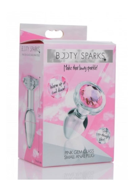 Product packaging for 'Booty Sparks' pink gem glass small plug on a white background