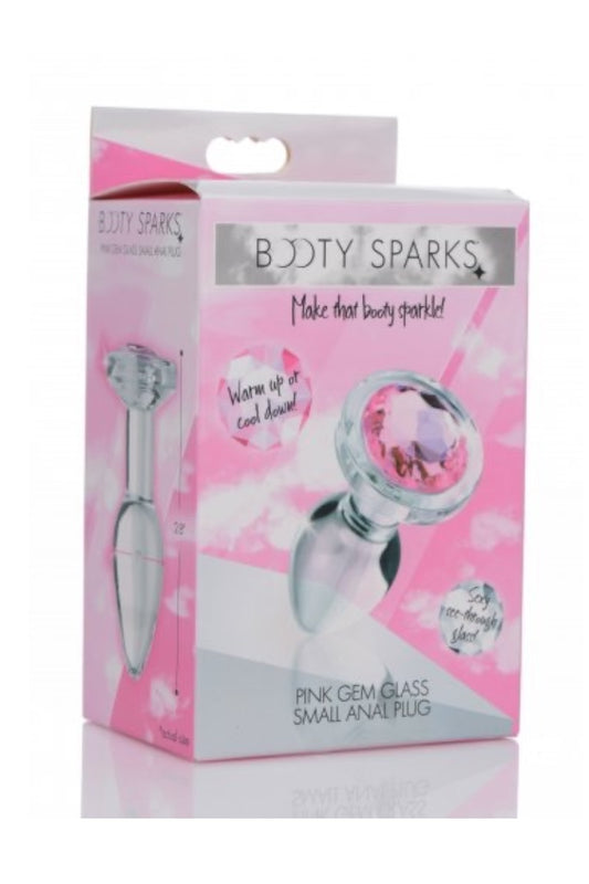Product packaging for 'Booty Sparks' pink gem glass small plug on a white background