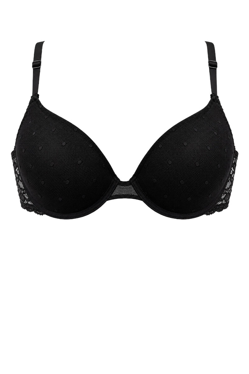 Front of a black bra shown on a white background. 