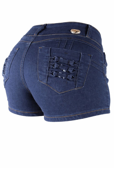 Blue denim shorts with a decorative back pocket on a white background