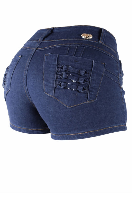 Blue denim shorts with a decorative back pocket on a white background