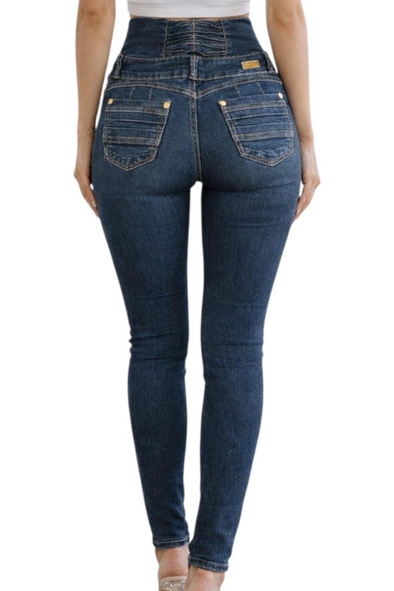 Blue jeans worn by a person on a white background