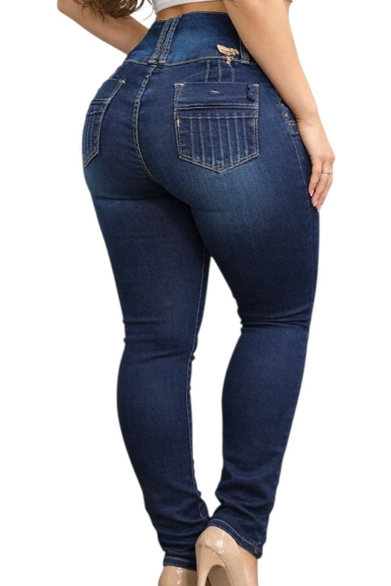 Blue jeans worn by a person on a white background