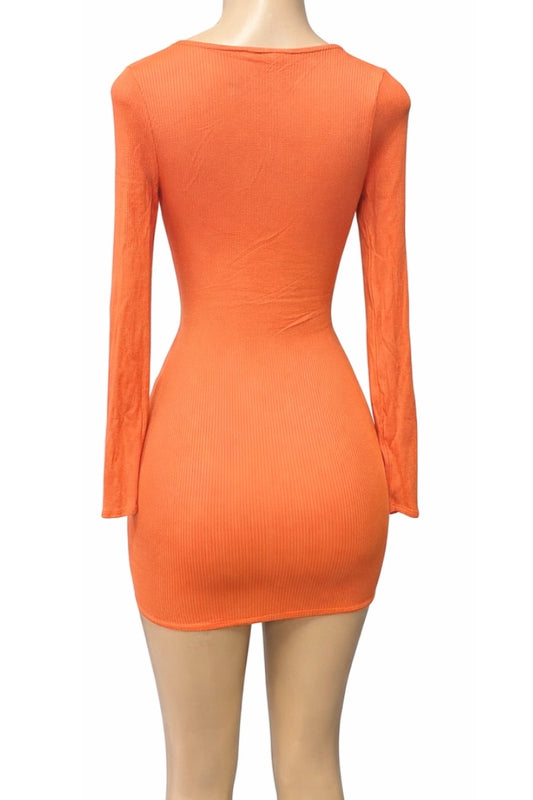 Orange long-sleeve dress on a mannequin against a white background