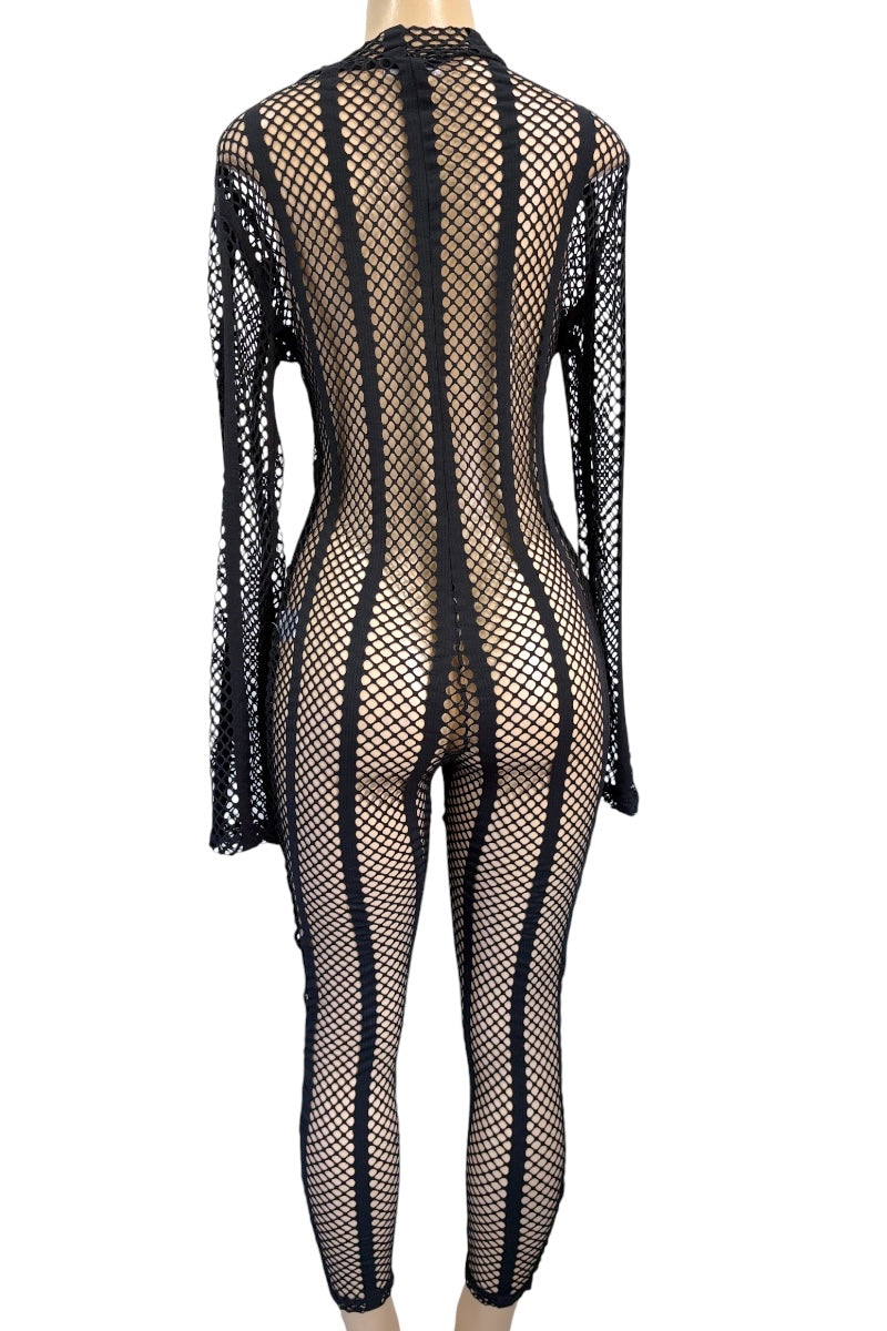 Black fishnet bodysuit on a mannequin against a white background