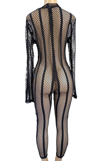 Black fishnet bodysuit on a mannequin against a white background
