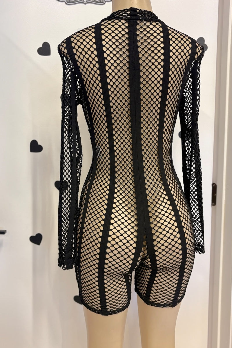 Black fishnet long-sleeve bodysuit with vertical mesh panels displayed on a mannequin from the back.