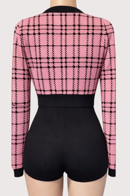 Ribbed Romper W/ Plaid Sweater Set 