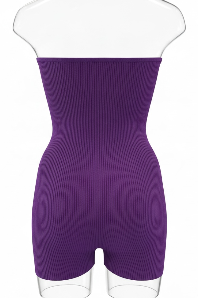 A purple ribbed strapless romper, displayed on a clear mannequin torso against a white background.