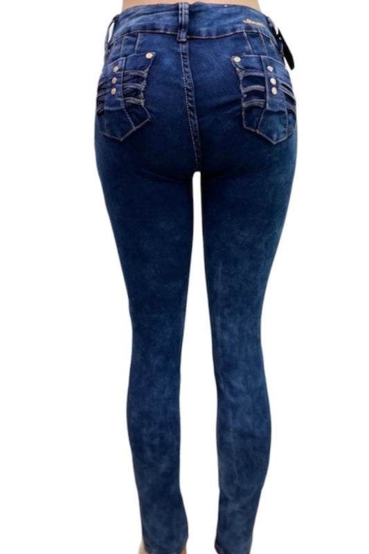 Blue jeans with decorative stitching on a white background