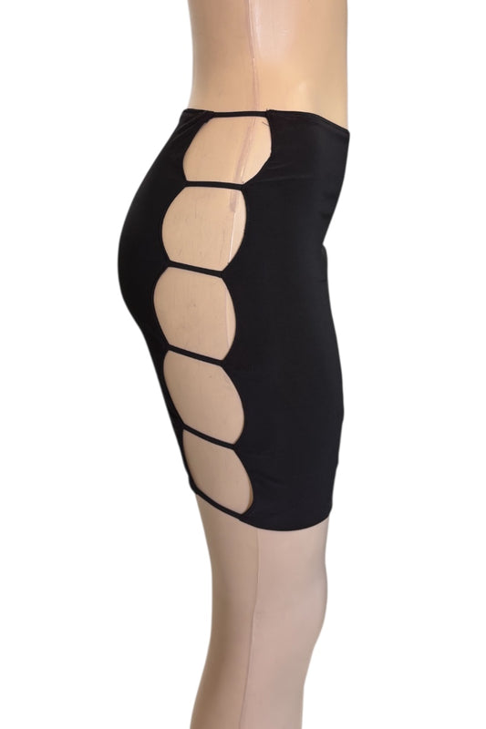 Black skirt with side panels on a mannequin against a white background