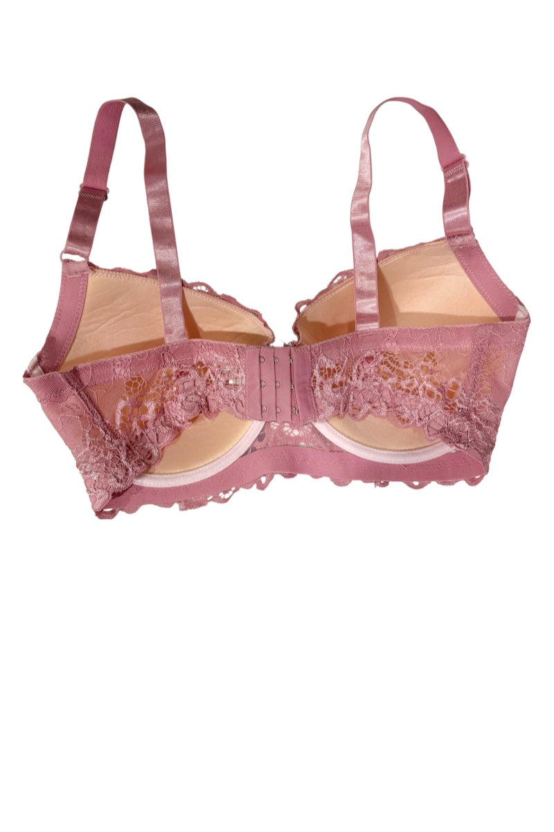 A dusty pink lace and satin underwire bra with adjustable shoulder straps and a center gore, displayed against a solid white background.