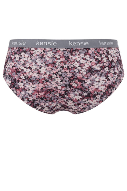 Floral-patterned underwear with 'kensie' waistband on a white background
