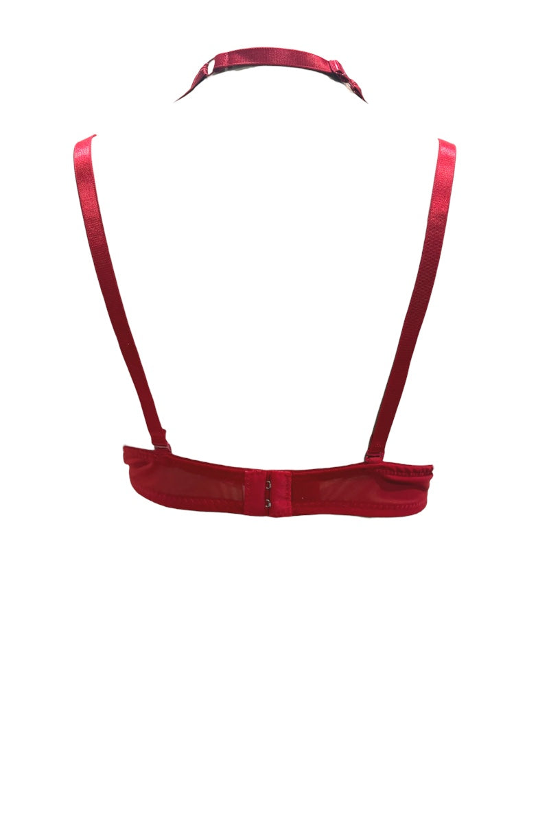Red satin bra shown from the back on a white background, featuring thin adjustable shoulder straps and a wide underband with hook-and-eye closure.