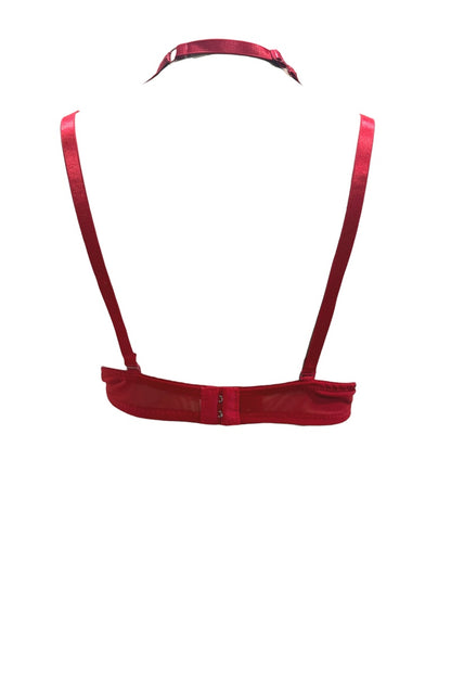 Red satin bra shown from the back on a white background, featuring thin adjustable shoulder straps and a wide underband with hook-and-eye closure.