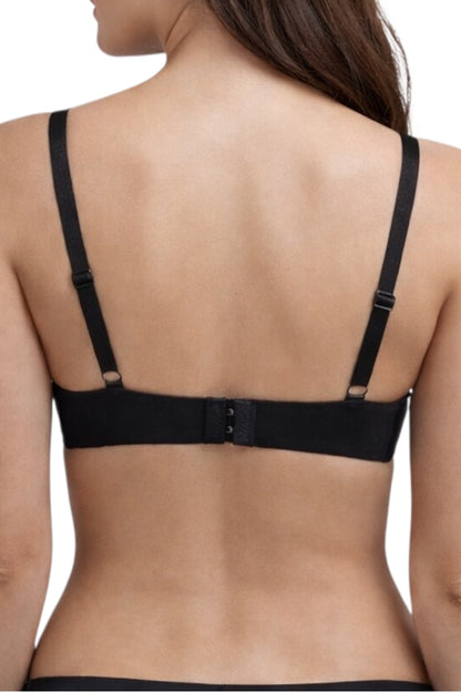 Black bra worn by a model on a white background