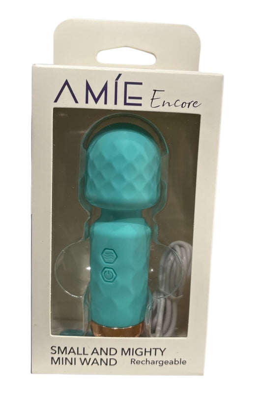 Turquoise mini wand in packaging with 'AMIE Encore' branding on a white background