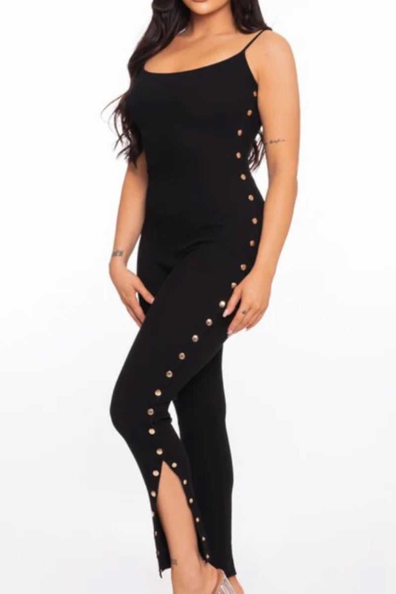 Black jumpsuit with gold embellishments on a white background