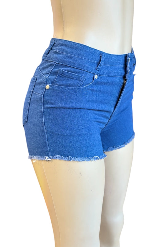 Blue denim shorts on a mannequin against a white background