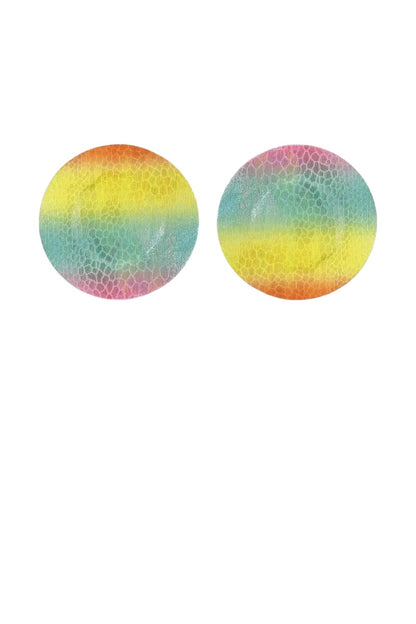 Pair of round pasties with a multicolored pattern on a white background