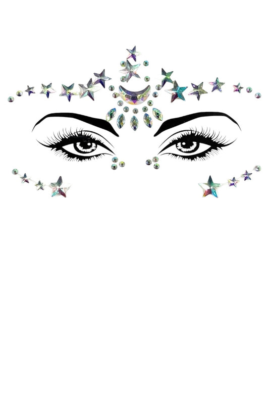 Decorative face with star-shaped gemstones on a white background