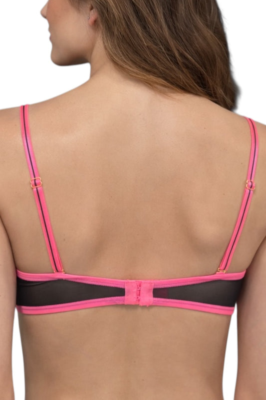 Pink and black bra on a model with a white background