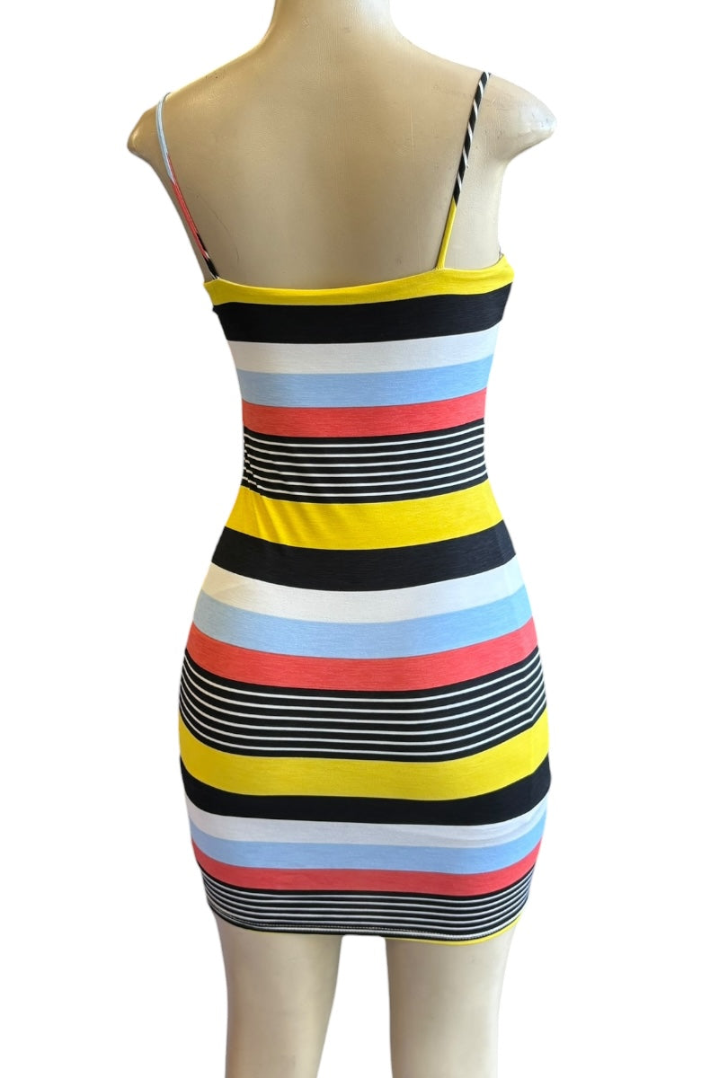 Multicolored striped dress on a mannequin against a white background