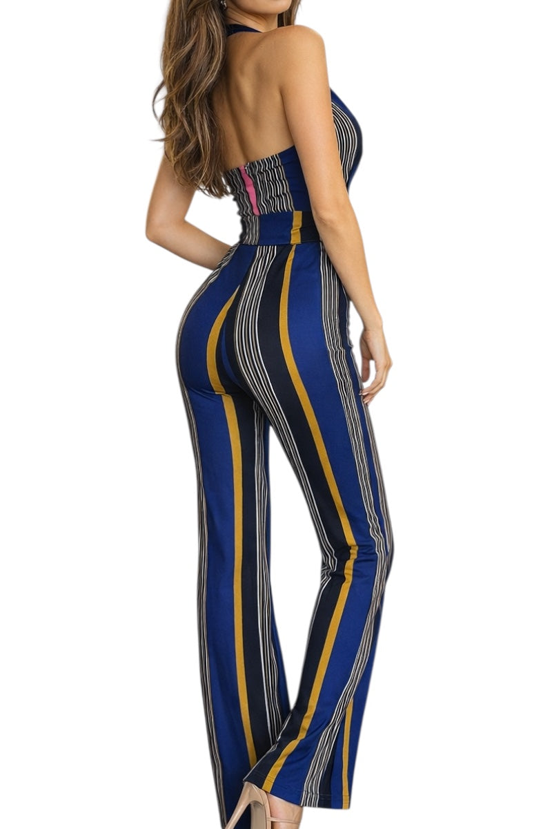 Woman wearing a blue and yellow striped jumpsuit on a white background