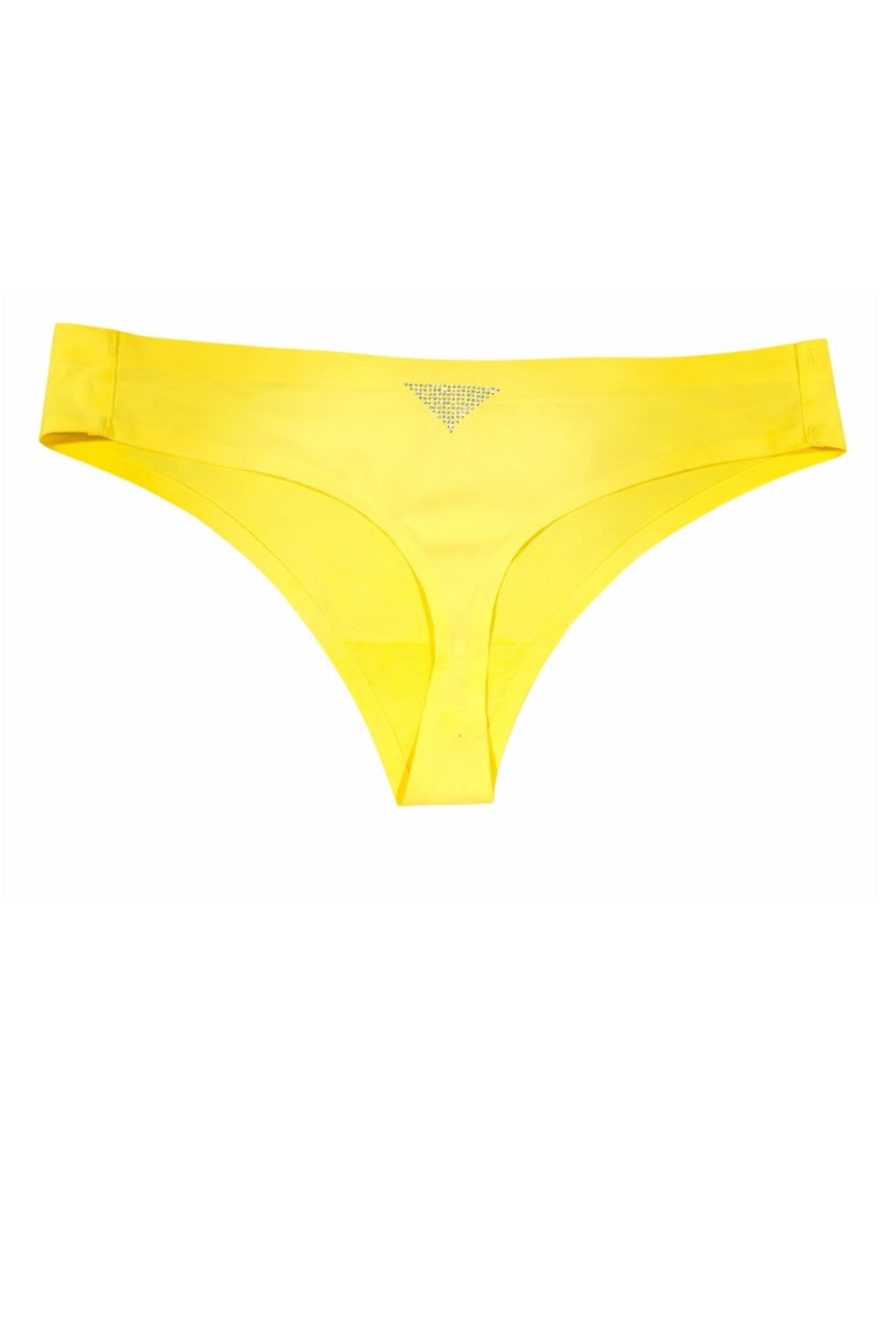 Yellow bikini bottom with studded detail on a white background