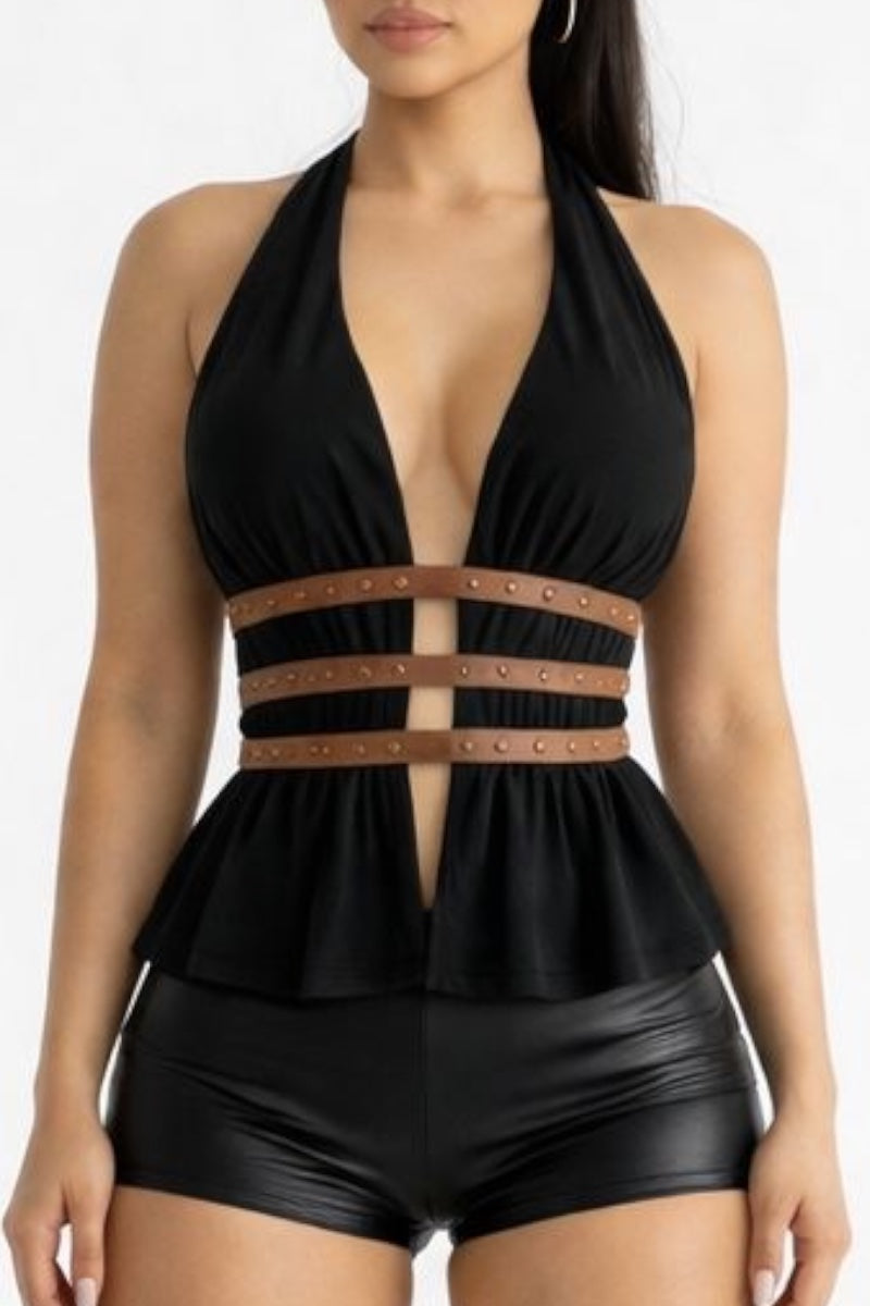 Black halter top with brown belt and matching shorts on a white background