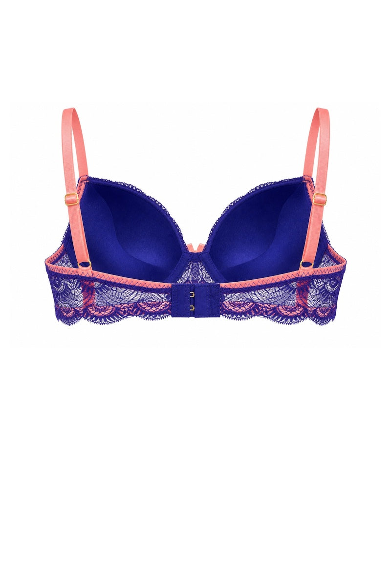 A blue lace-trimmed bra with peach-pink adjustable shoulder straps and a matching lace underband, shown against a plain white background.
