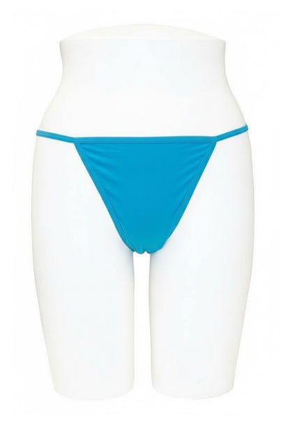 Blue thong on a white mannequin against a white background