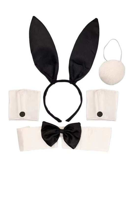 A 5-piece bunny costume accessory set on a white background, including black satin bunny ears on a headband, a black satin bow tie, two white shirt cuffs with black buttons, and a white fluffy pom-pom mask.