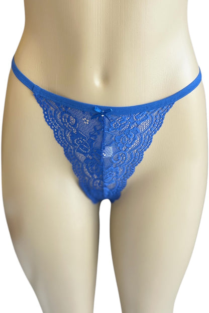 Blue lace thong on a mannequin against a white background