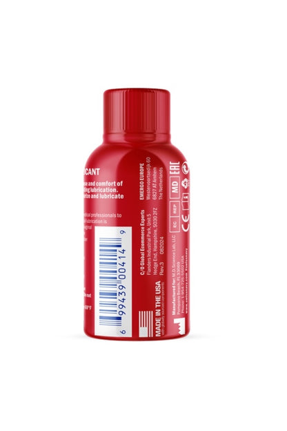 Red bottle with a label on a white background