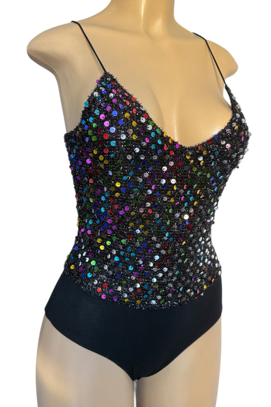 Black bodysuit with multicolored sequins on a mannequin against a white background