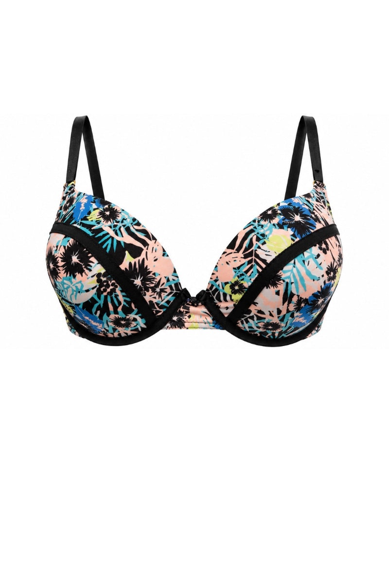 A women's underwire bra with a tropical floral print on the cups and solid black straps, trim, and center band, shown against a plain white background.