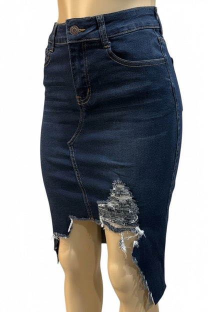 Denim skirt with distressed details on a white background