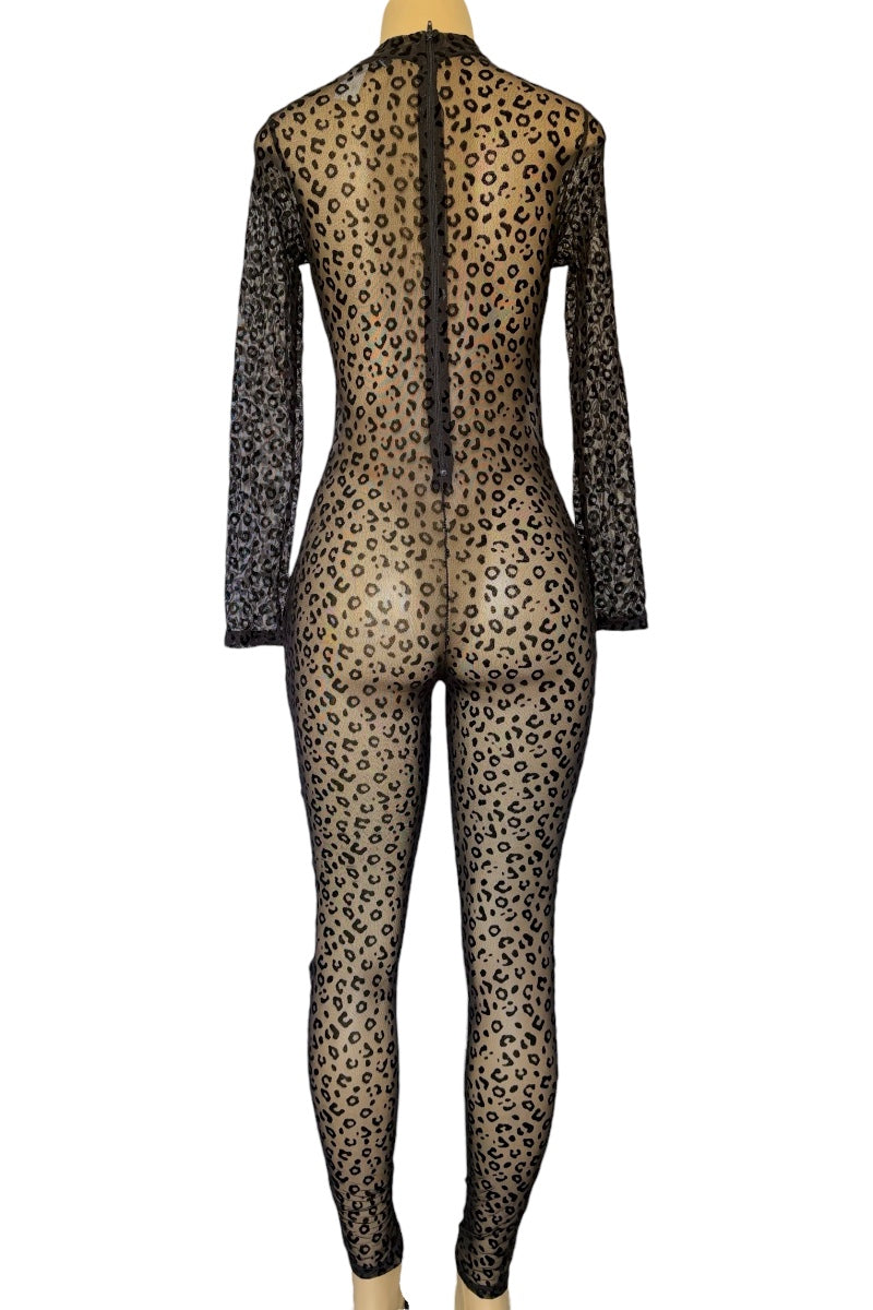 Leopard print bodysuit with mesh panels on a white background