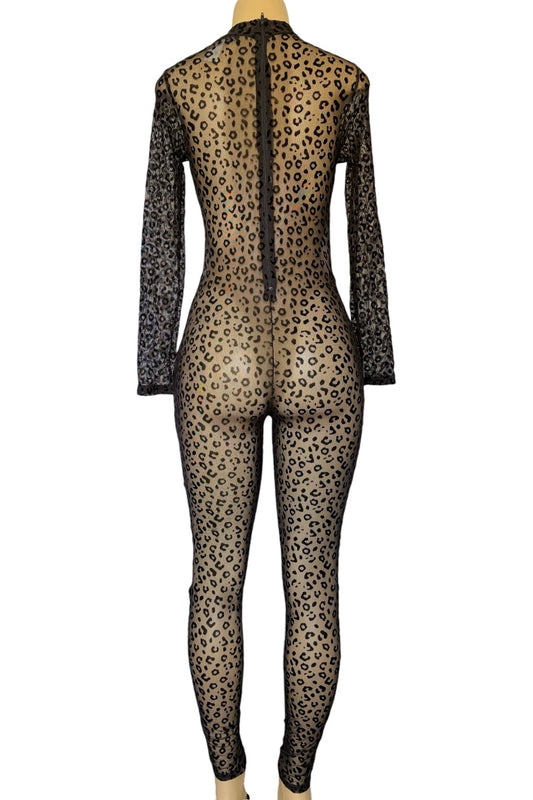 Leopard print bodysuit with mesh panels on a white background
