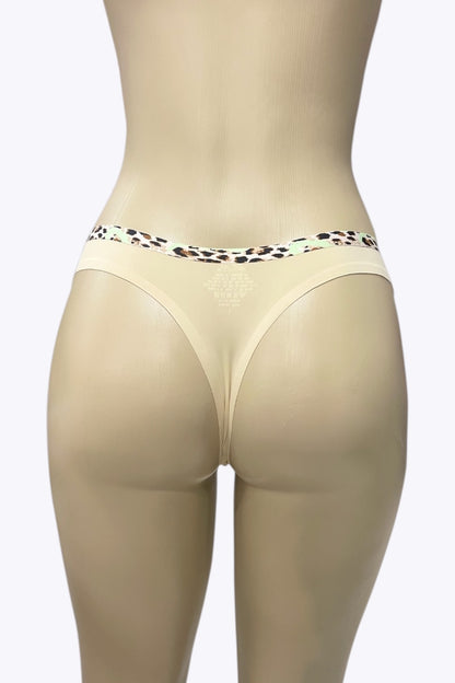 Beige thong with leopard print waistband on a mannequin against a white background