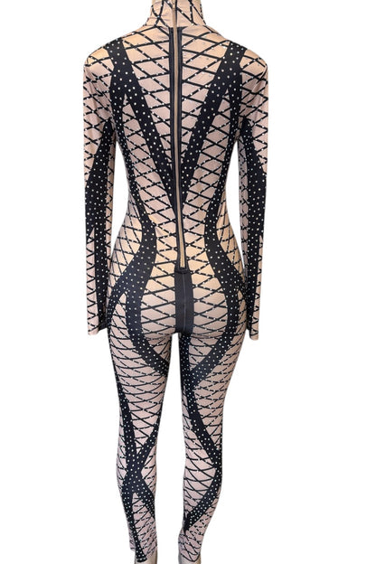 Black and white patterned bodysuit on a mannequin against a white background