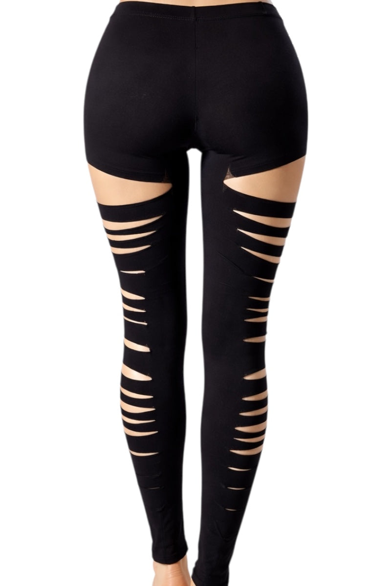 Black leggings with cut-out design on a white background