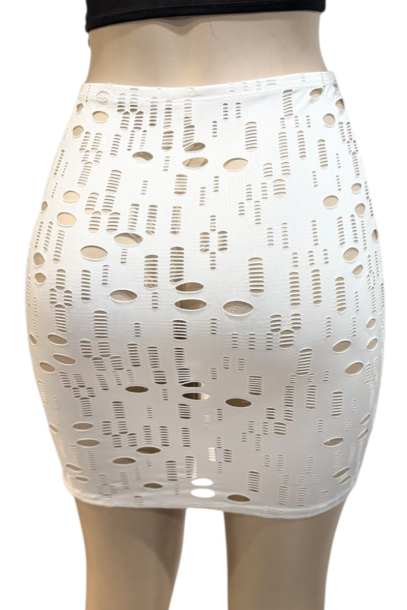 White lace skirt on a mannequin against a white background