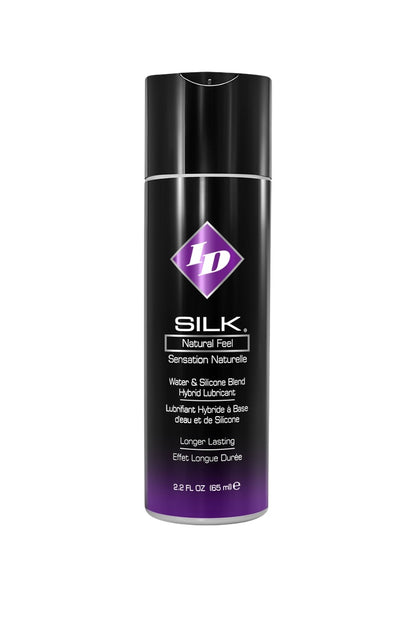 Black and purple lubricant bottle with 'ID Silks' branding on a white background