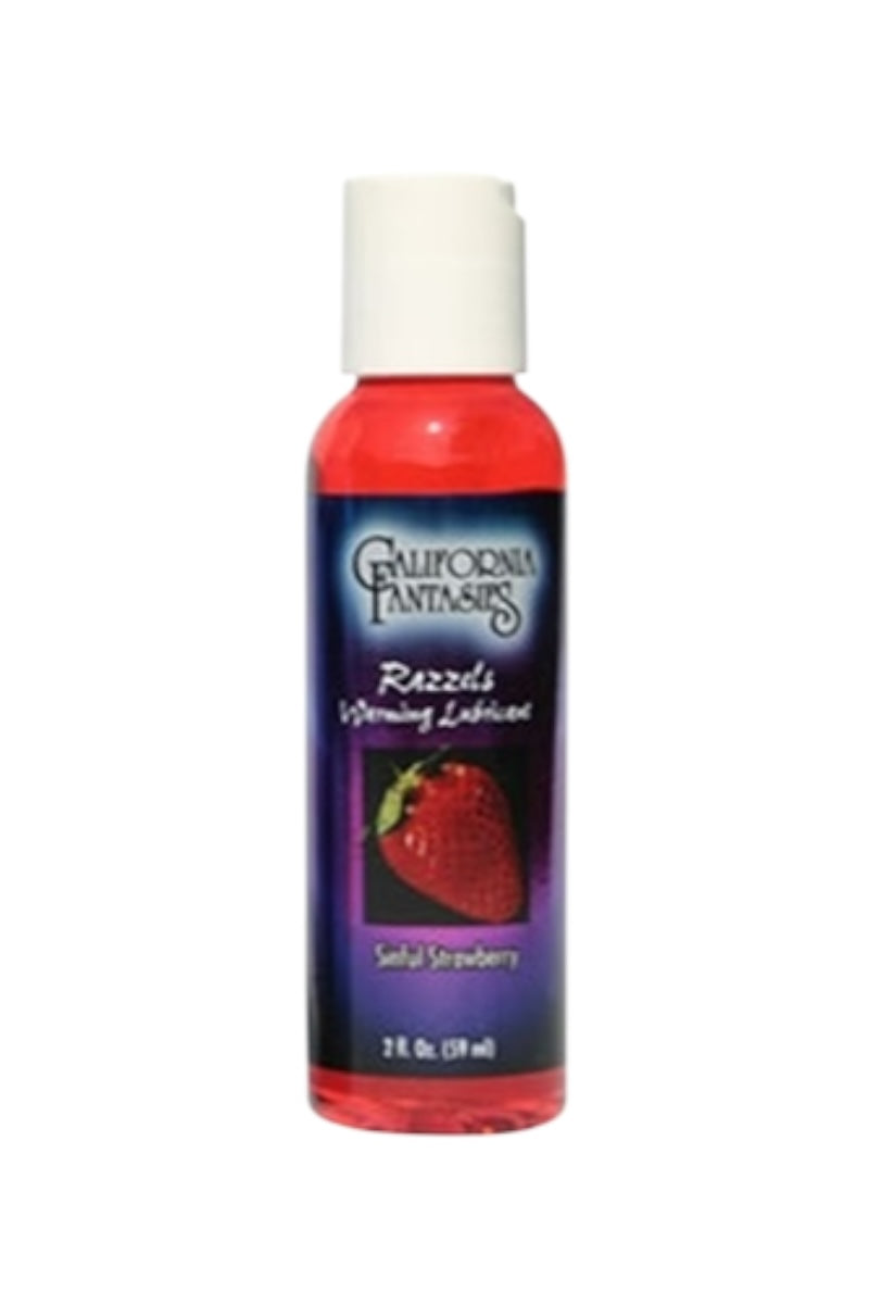 Bottle of California Fantasies Razels Warming Lube with strawberry flavor on a white background