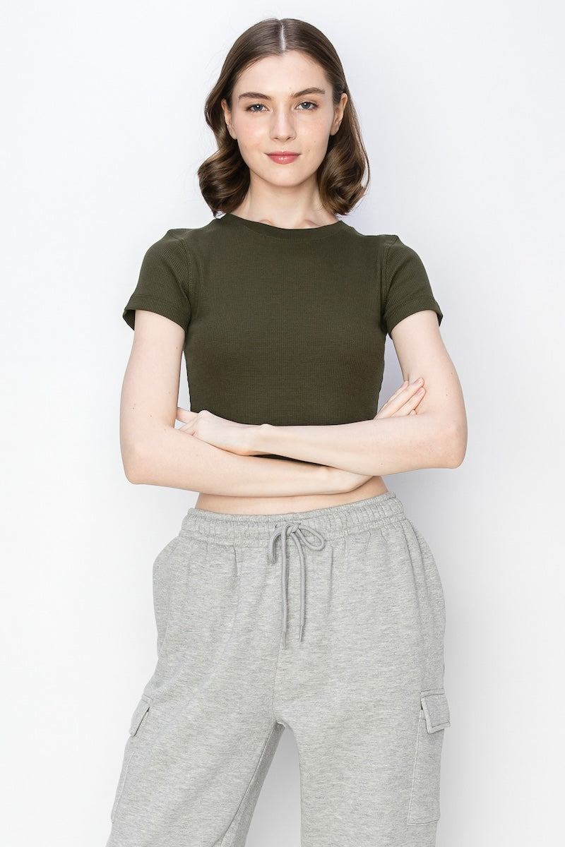 Short Sleeve Waffle Crop Top T-Shirt