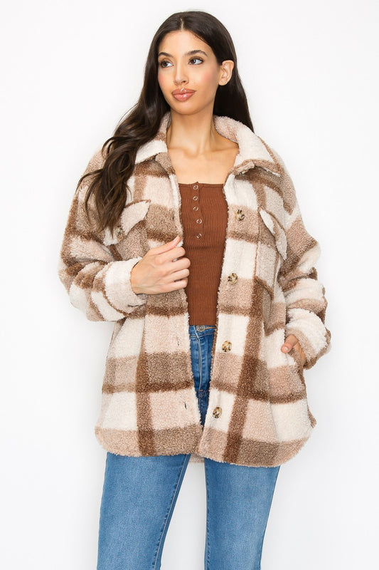 Plaid Faux Wool Collared Jacket