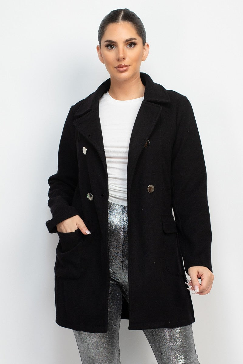 Double-Breasted Long Notch Jacket - Black