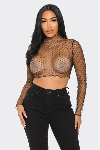 Mesh Long Sleeve Top W/ Gold Flakes